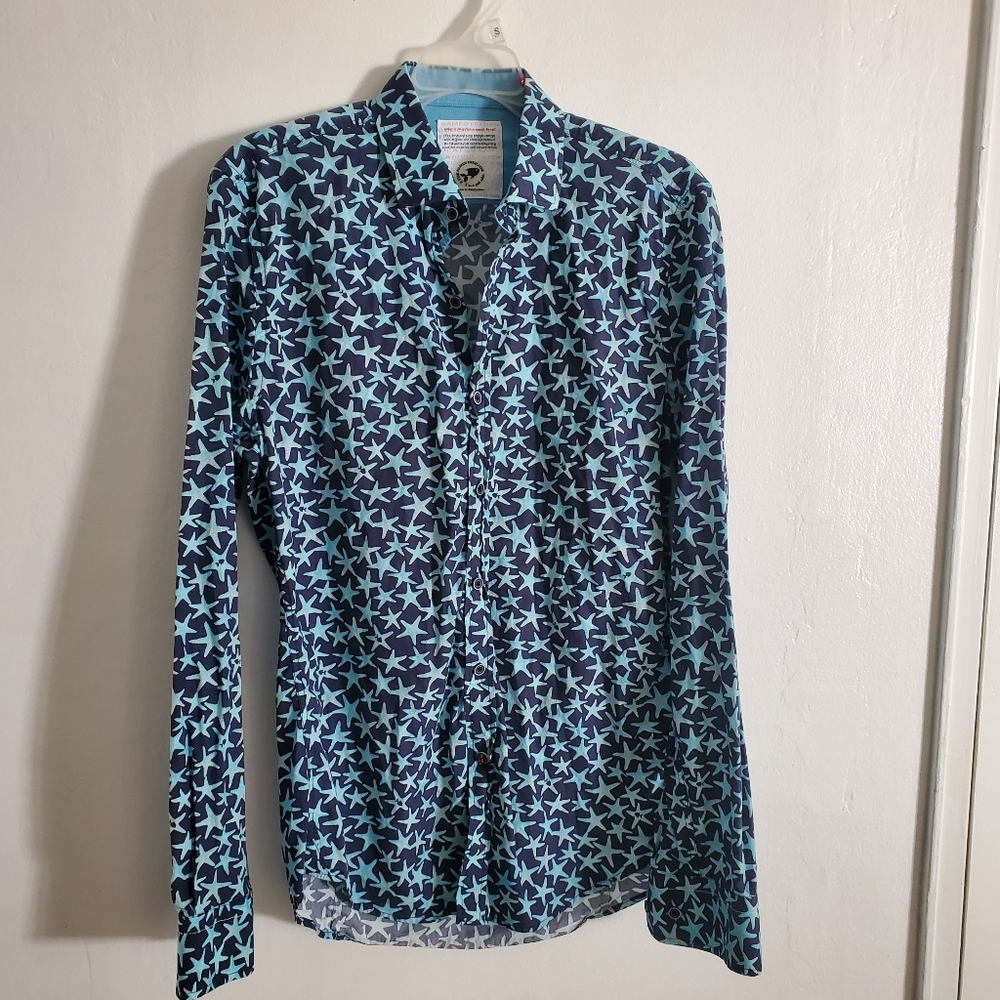 A Fish Named Fred Shirt Blue Starfish Button Up Long Sleeve Casual Mens Med $148